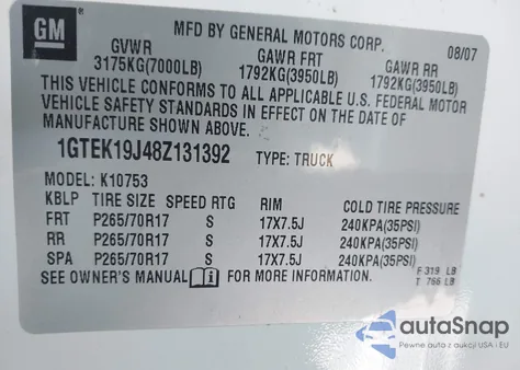2008 GMC Sierra 1500 Sle2 z USA, uszkodzony, nr VIN 1GTEK19J48Z131392